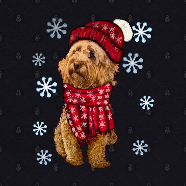 Cavapoo Cavoodle in festive red winter hat and scarf with snowflakes - cute cavalier king charles spaniel snug in a snowflake themed scarf by Artonmytee